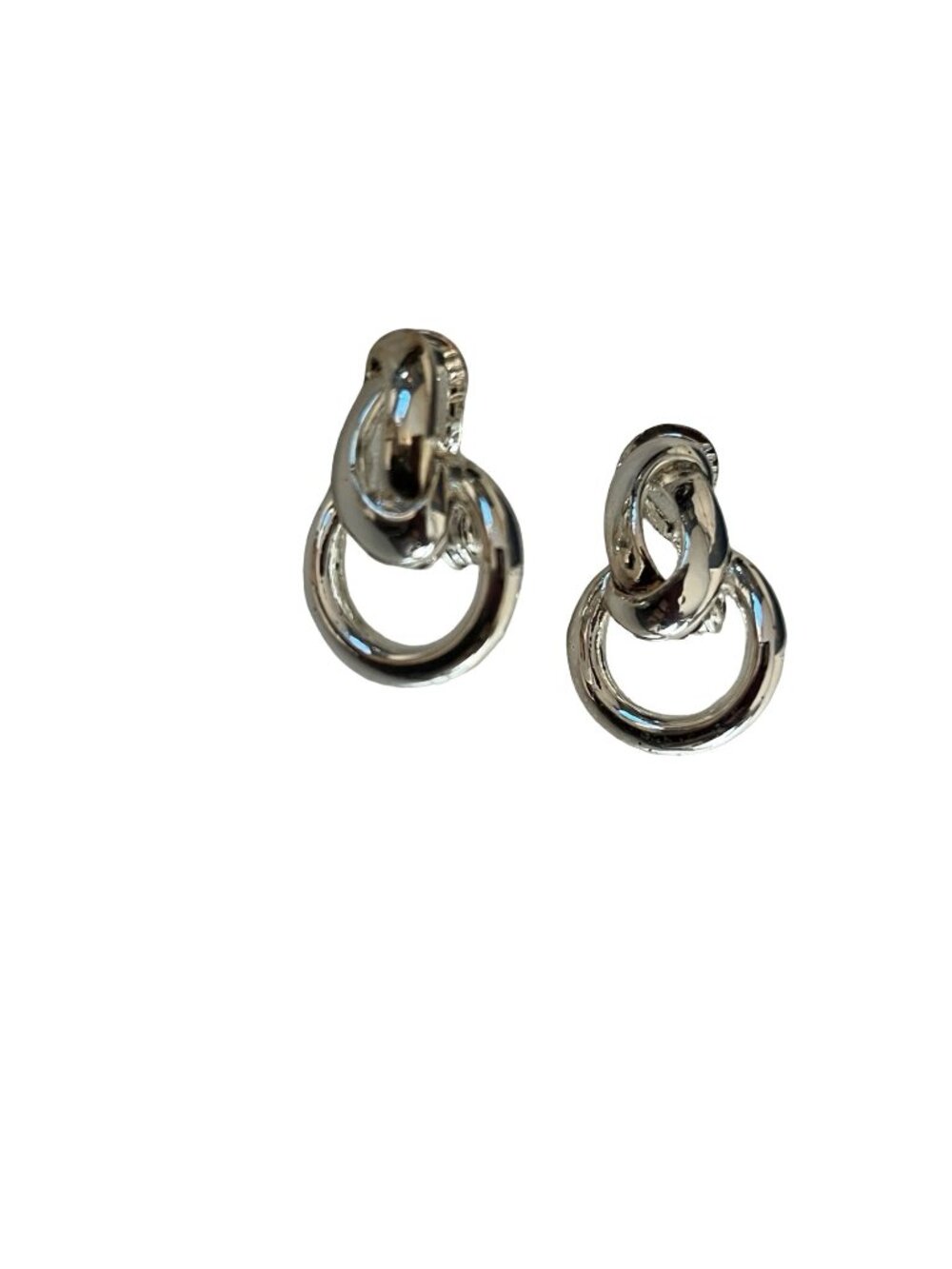 Vintage Silver Tone Double Link Clip-On Earrings Modern Minimalist Dangle